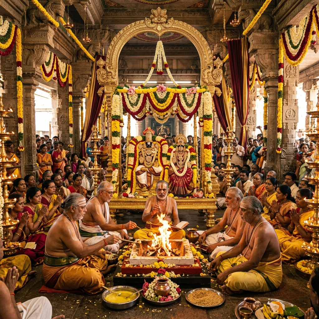 Devout priests conducting Sri Srinivasa Kalyanotsavam seva rituals inside Tirumala Temple complex