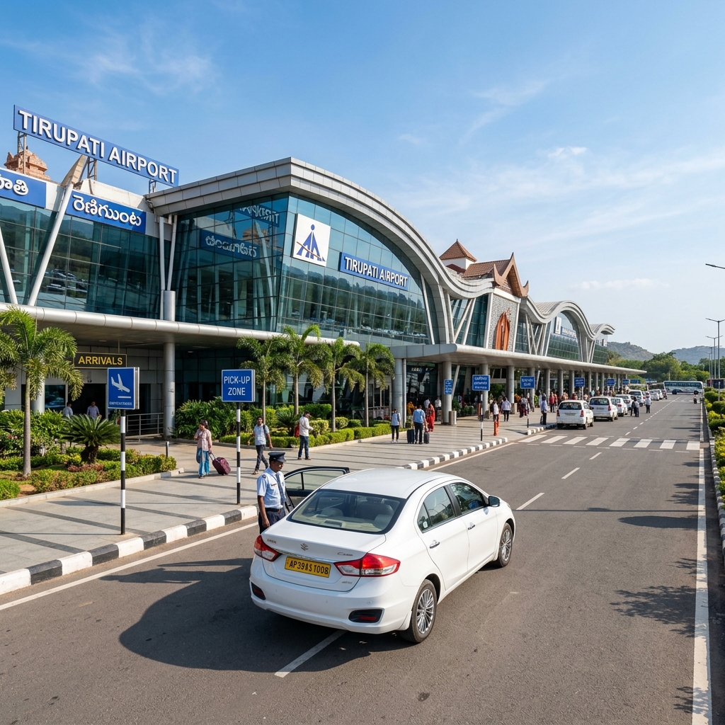 Scenic Renigunta Airport in Tirupati with a G7 Travels AC sedan taxi waiting outside Arrivals