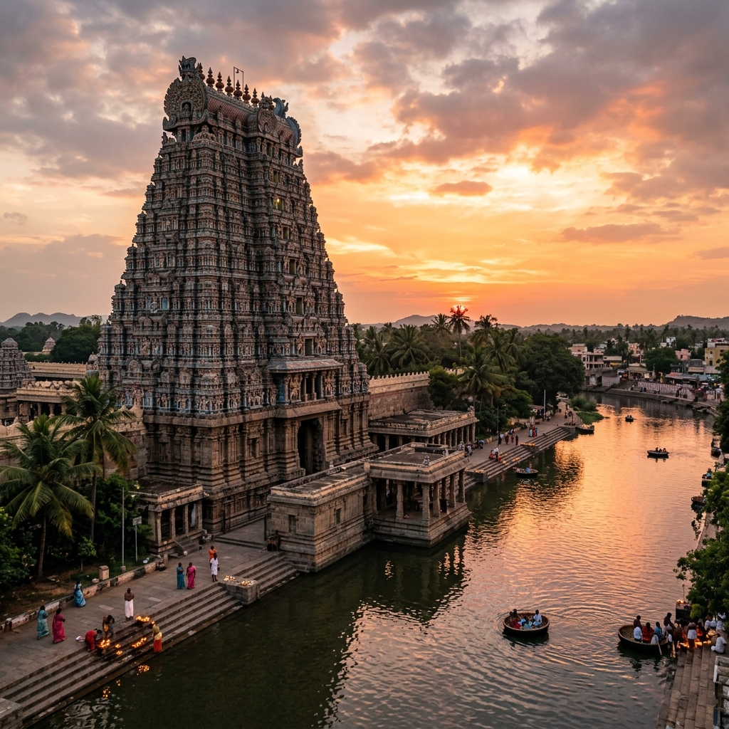 Scenic Srikalahasti Shiva Temple beside sacred river