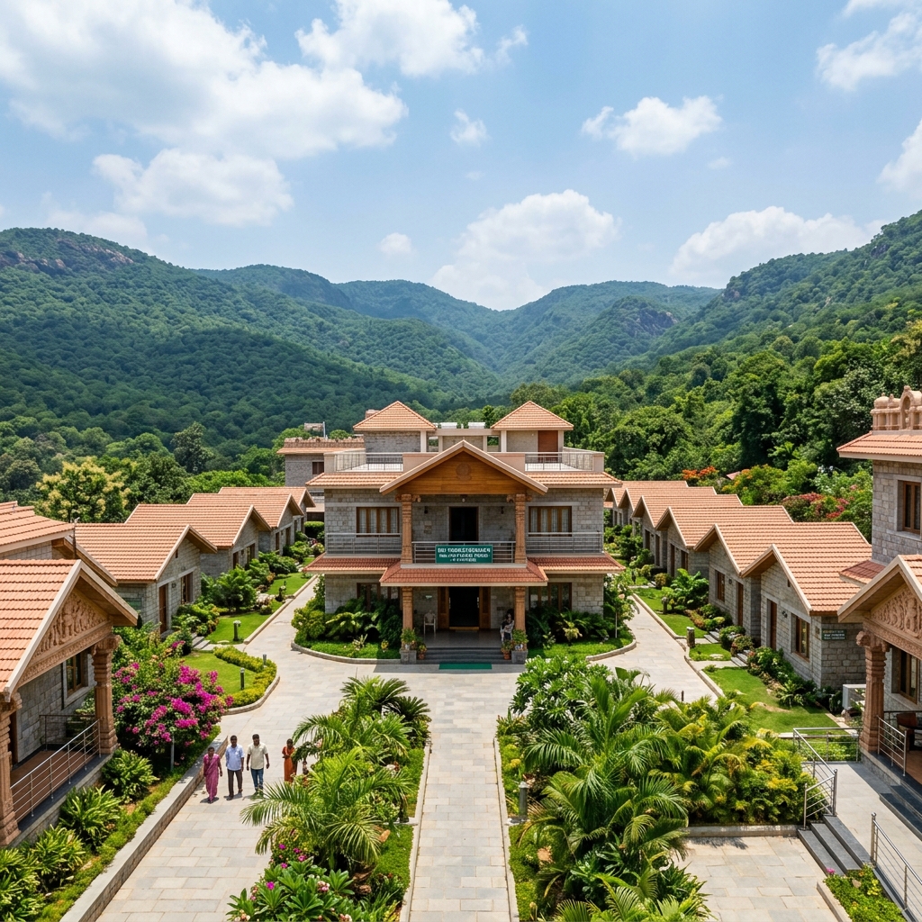 Scenic TTD guest houses and stone cottages at Tirumala hilltop surrounded by green forest
