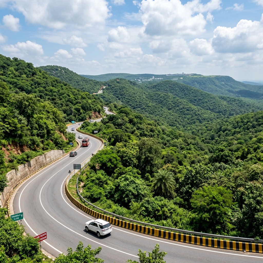 Scenic winding ghat road climbing to Tirumala hilltop surrounded by green forest hills