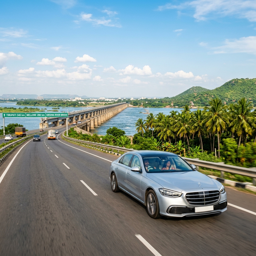 Scenic Vijayawada to Tirupati highway drive in an AC Sedan cab next to river bridge